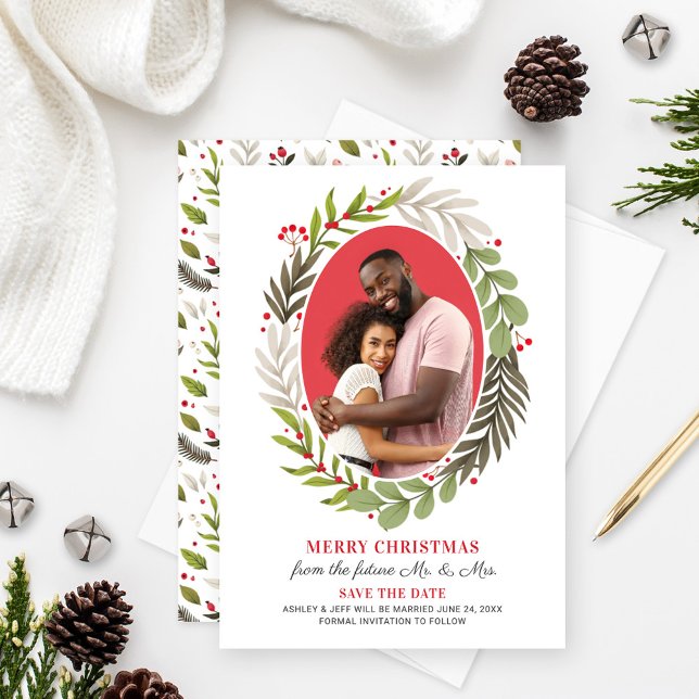 Merry Christmas Wedding Save the Date Wreath Photo Holiday Card (Creator Uploaded)