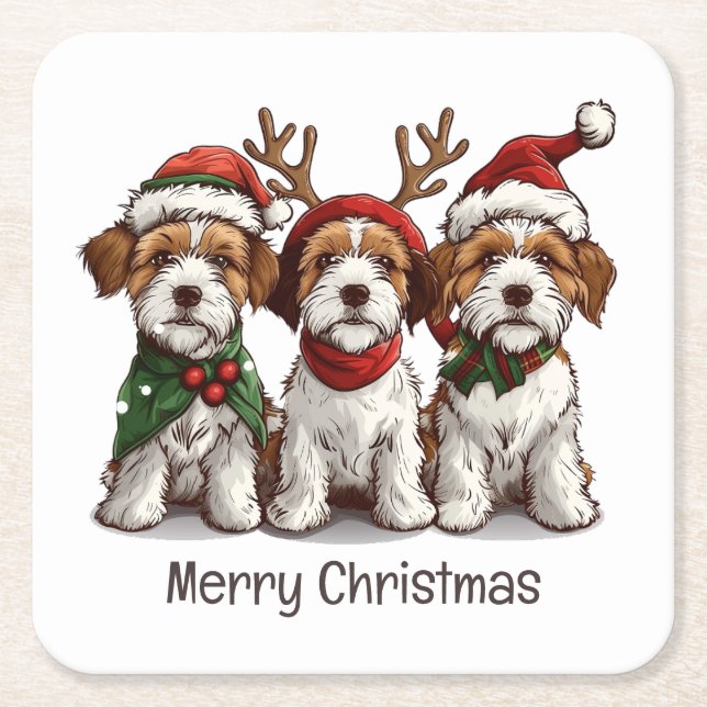 Merry Christmas Welsh Wire Fox Terrier Dogs Square Paper Coaster (Front)