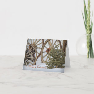 Merry Christmas Western Wagon Wheels and Pine Tree Holiday Card