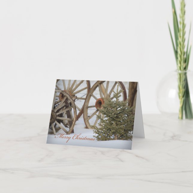 Merry Christmas Western Wagon Wheels and Pine Tree Holiday Card (Front)