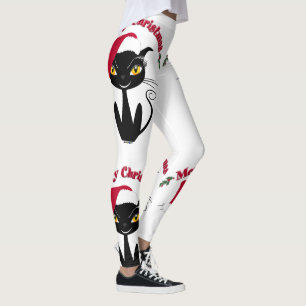 Merry Christmas Whimsical Black Cat Leggings