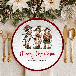 Merry Christmas whimsical cow watercolor christmas Paper Plate