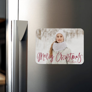 Merry Christmas Whimsical Cranberry Script Photo Magnet
