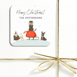 Merry Christmas Whimsical Cute Dogs Custom Name Square Sticker