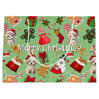 Merry Christmas Whimsical Gingerbread Candy Green Large Gift Bag