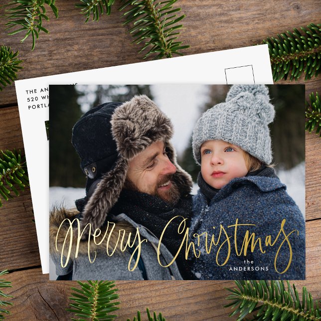 Merry Christmas Whimsical Gold Script Photo Foil Holiday Postcard (Creator Uploaded)