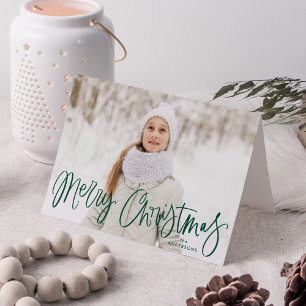 Merry Christmas Whimsical Green Script Photo Holiday Card