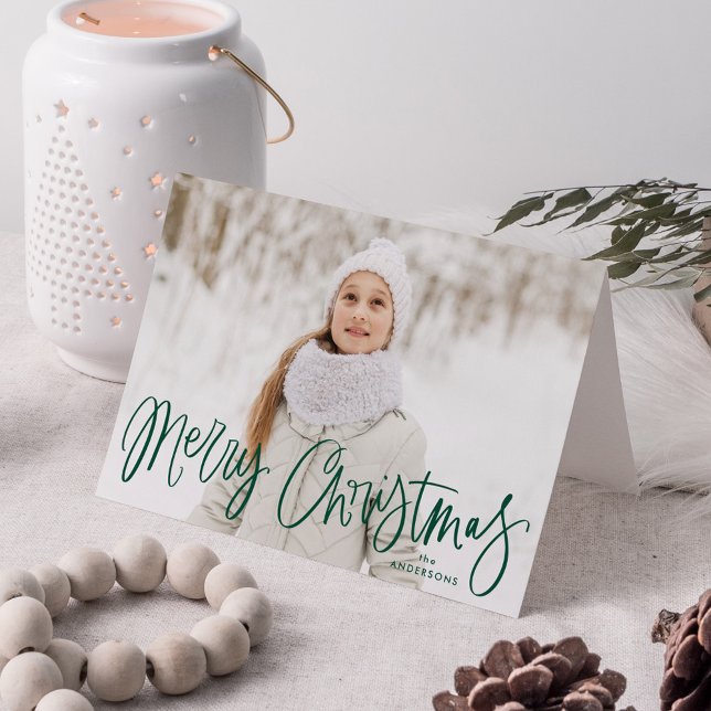 Merry Christmas Whimsical Green Script Photo Holiday Card (Creator Uploaded)