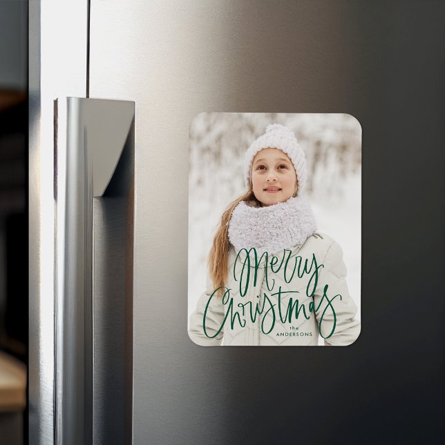 Merry Christmas Whimsical Green Script Photo Magnet (Creator Uploaded)