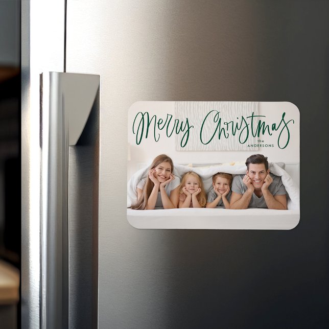 Merry Christmas Whimsical Green Script Photo Magnet (Creator Uploaded)