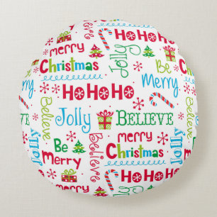 Merry Christmas Whimsical Modern Jolly Typography Round Cushion