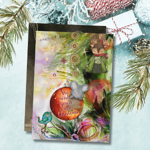 Merry Christmas Whimsical Mouse & Bird Card
