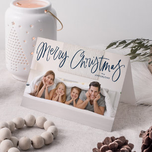 Merry Christmas Whimsical Navy Script Photo Holiday Card