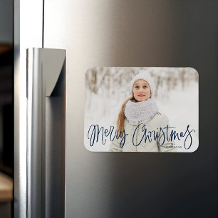 Merry Christmas Whimsical Navy Script Photo Magnet