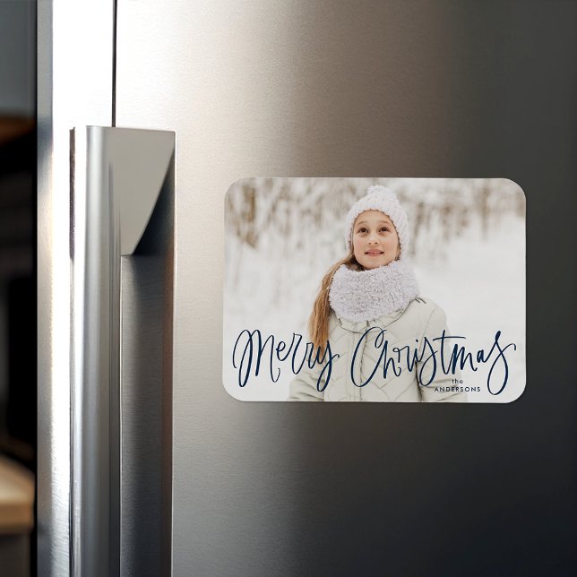 Merry Christmas Whimsical Navy Script Photo Magnet (Creator Uploaded)