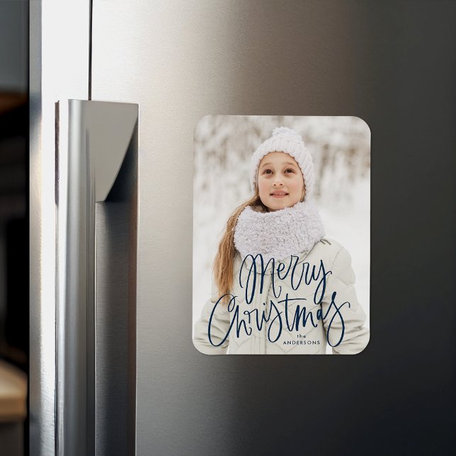 Merry Christmas Whimsical Navy Script Photo Magnet (Creator Uploaded)