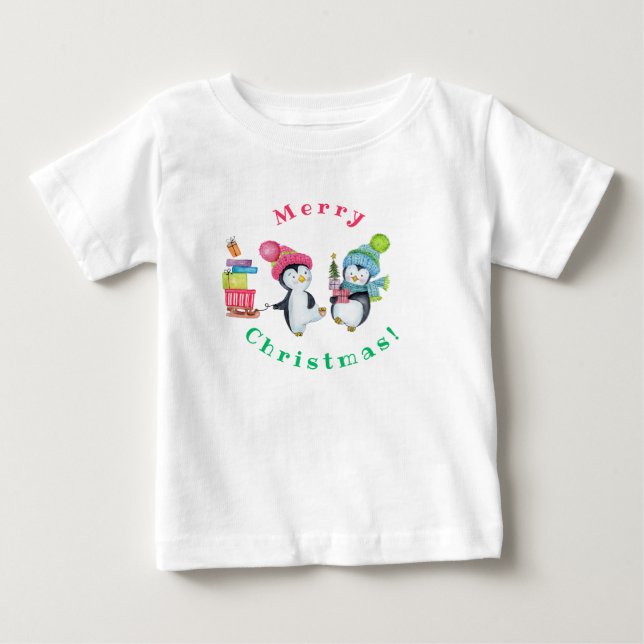 Merry Christmas Whimsical Penguins Bringing Gifts Baby T-Shirt (Front)