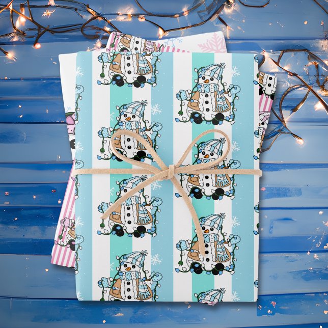 Merry Christmas Whimsical Pink Blue Snowmen Wrapping Paper Sheet (Creator Uploaded)
