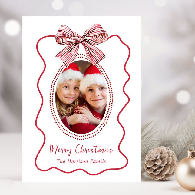 Merry Christmas Whimsical Red Wavy Frame Bow Photo Holiday Card (Picture-Perfect Memories: Create Your Custom Photo Christmas Card)