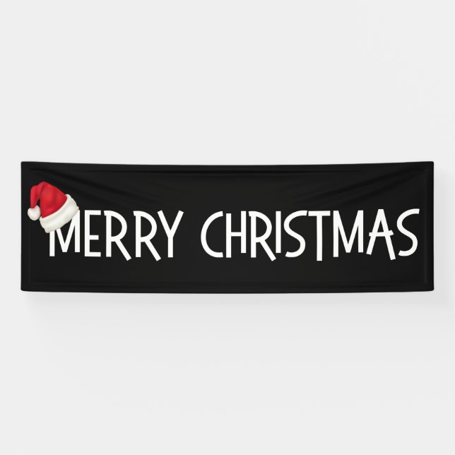 Merry Christmas Whimsical Santa Hat on Black Banner (Horizontal)