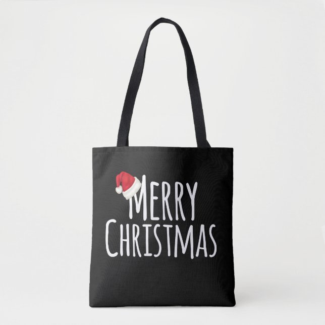 Merry Christmas Whimsical Santa Hat on White Tote Bag (Front)