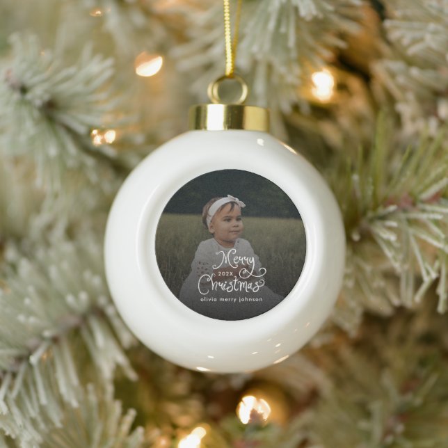 Merry Christmas Whimsical Script  Baby Photo  Ceramic Ball Christmas Ornament (Tree)