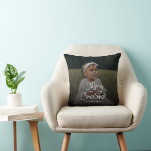Merry Christmas Whimsical Script Baby Photo Cushion