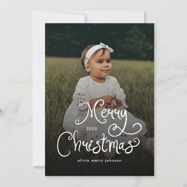 Merry Christmas Whimsical Script  Baby Photo  Holiday Card (Front)