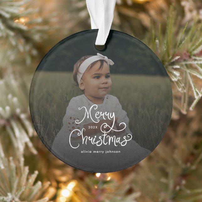 Merry Christmas Whimsical Script  Baby Photo  Ornament (Tree)