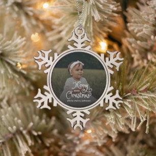 Merry Christmas Whimsical Script Baby Photo Snowflake Pewter Christmas Ornament