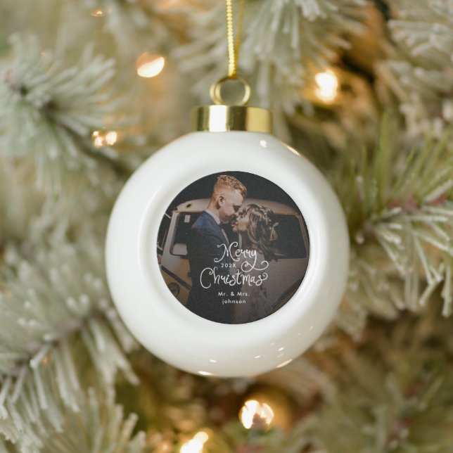 Merry Christmas Whimsical Script  Custom Photo  Ceramic Ball Christmas Ornament (Tree)