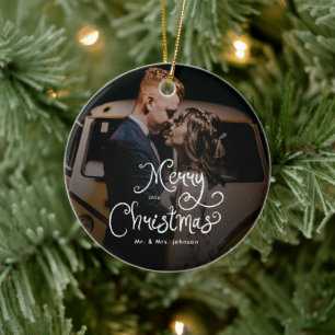Merry Christmas Whimsical Script  Custom Photo  Ceramic Tree Decoration