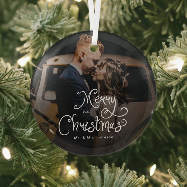 Merry Christmas Whimsical Script  Custom Photo  Glass Tree Decoration (Insitu)