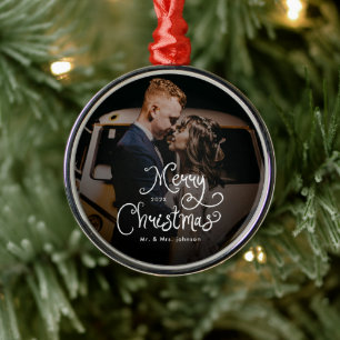 Merry Christmas Whimsical Script  Custom Photo  Metal Tree Decoration