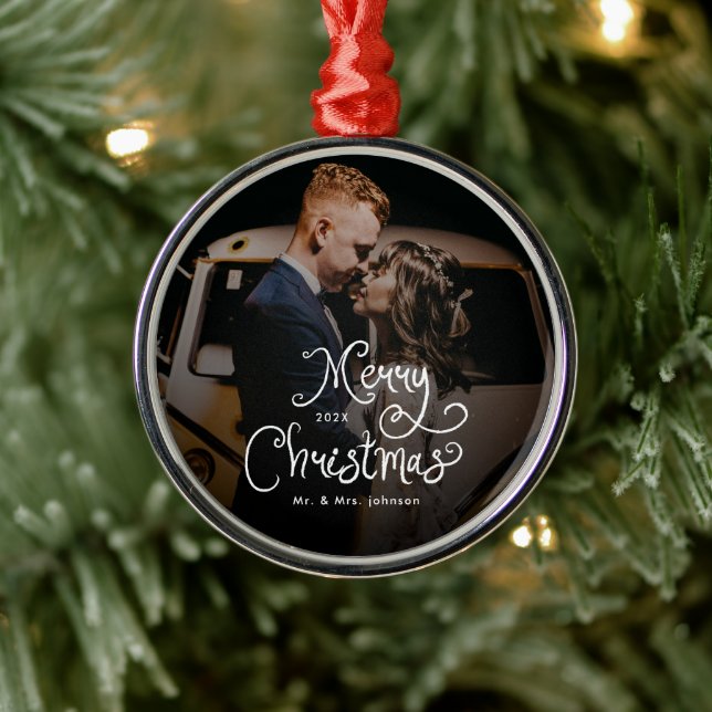 Merry Christmas Whimsical Script  Custom Photo  Metal Tree Decoration (Tree)