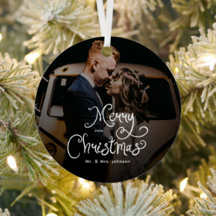 Merry Christmas Whimsical Script  Custom Photo  Metal Tree Decoration