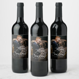 Merry Christmas Whimsical Script  Custom Photo  Wine Label