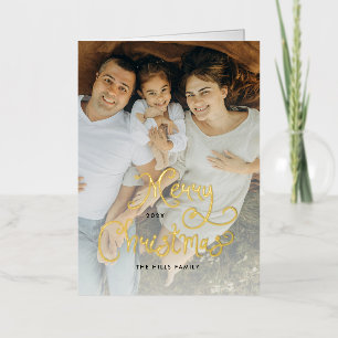 Merry Christmas Whimsical Script Family 12 Photos Foil Greeting Card