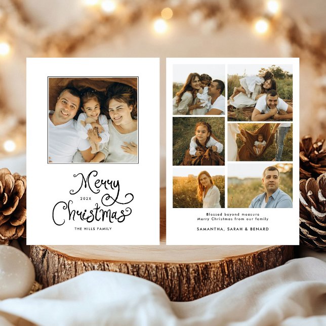 Merry Christmas Whimsical Script  Family 7 Photos Holiday Card (Creator Uploaded)