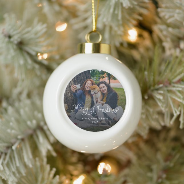 Merry Christmas Whimsical Script Family Photo Dog Ceramic Ball Christmas Ornament (Tree)