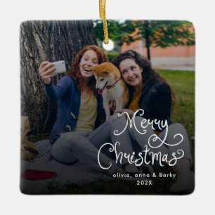 Merry Christmas Whimsical Script Family Photo Dog Ceramic Ornament