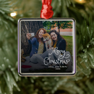Merry Christmas Whimsical Script Family Photo Dog Metal Tree Decoration