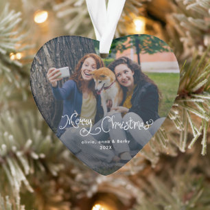 Merry Christmas Whimsical Script Family Photo Dog Ornament
