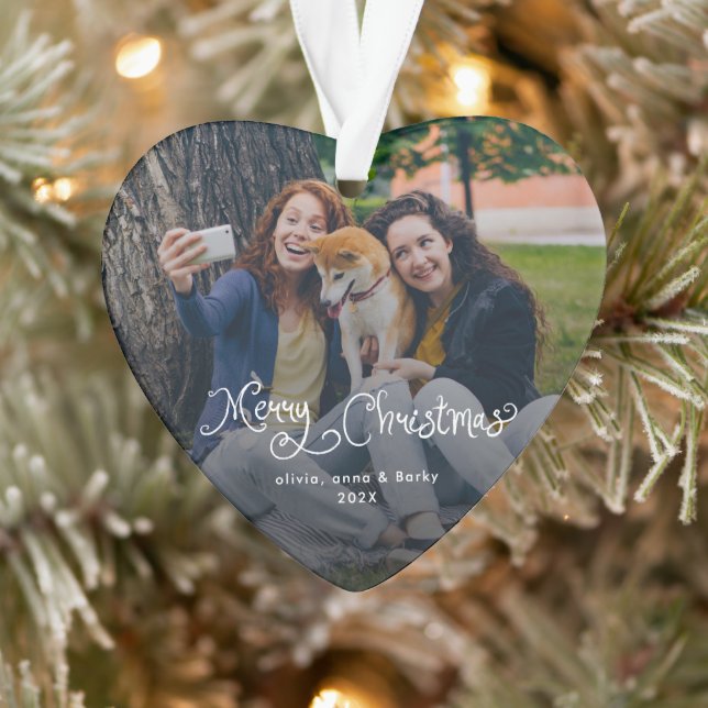 Merry Christmas Whimsical Script Family Photo Dog Ornament (Tree)