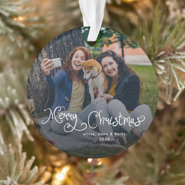 Merry Christmas Whimsical Script Family Photo Dog Ornament (Tree)