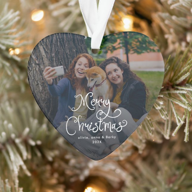 Merry Christmas Whimsical Script Family Photo Dog Ornament (Tree)
