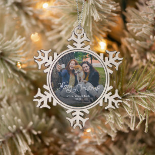 Merry Christmas Whimsical Script Family Photo Dog Snowflake Pewter Christmas Ornament