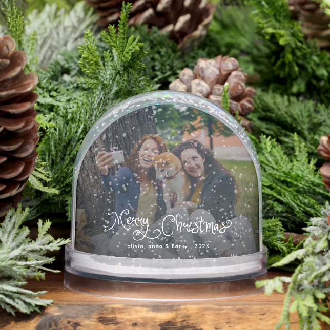 Merry Christmas Whimsical Script Family Photo Dog Snowglobe (Winter)