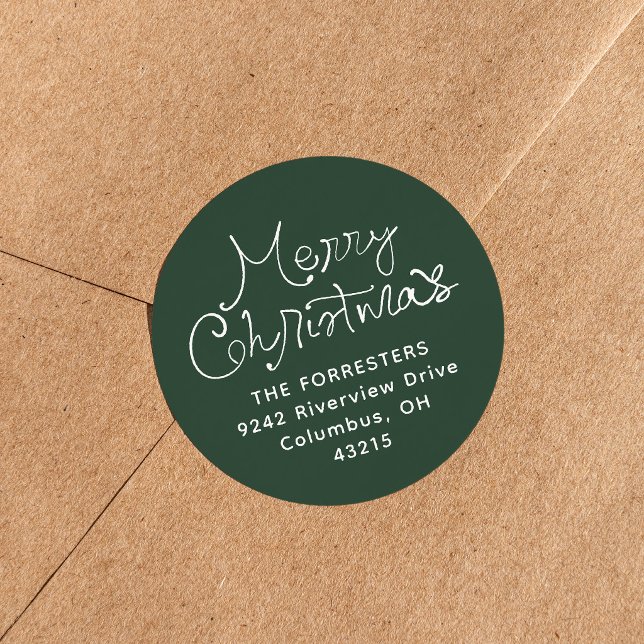 Merry Christmas whimsical script return address Classic Round Sticker (Creator Uploaded)