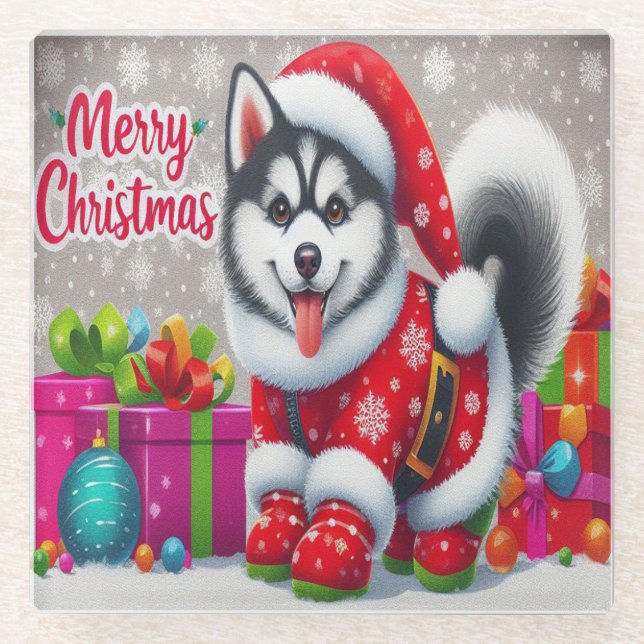 Merry Christmas Whimsical Siberian Husky Dog Xmas Glass Coaster (Front)